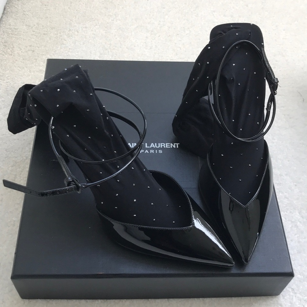 BNIB RARE Saint Laurent YSL Anja Crystal Sock Pumps Patent Black 36 - Picture 1 of 8